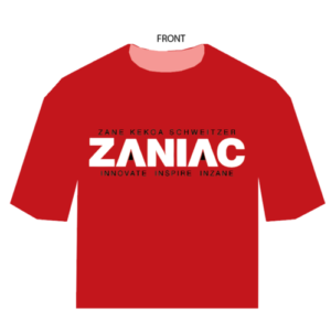 Front of Red T-Shirt with Zaniac logo